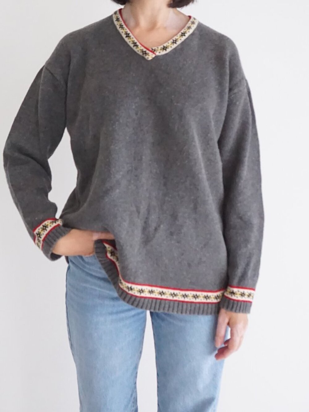 Vintage Jones New York Gray V Neck Contrast Trim Linen Cotton Knit Sweater M